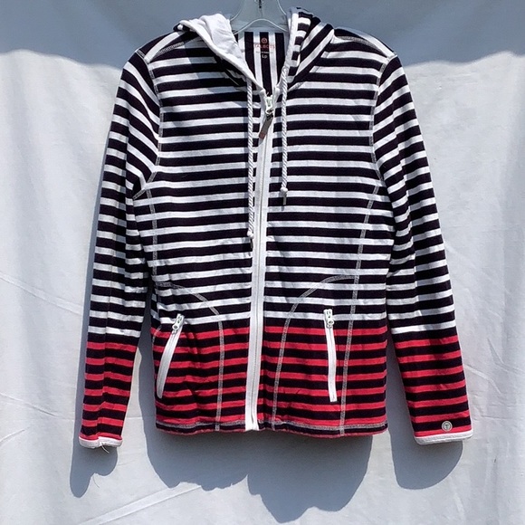 TALBOTS STRIPED FULL ZIP HOODIE KNIT SIZE LP PINK BLUE WHITE - Picture 1 of 3